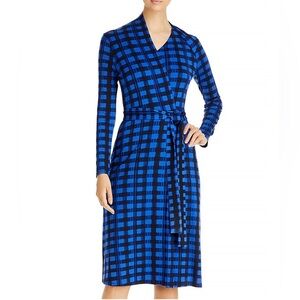 BOSS Ettay Lined Blue & Black Checkered Printed Wrap Dress Missing Belt